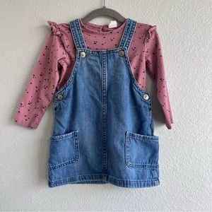 H&M baby girl denim overall dress & pink long sleeve top w/ hearts 2 piece set